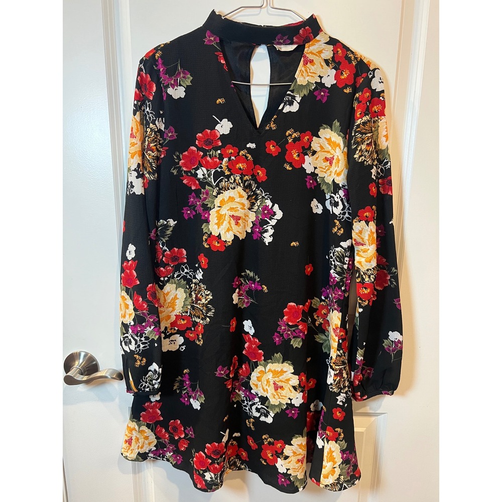 Altar'd State Womens Mini Dress Floral Mock Neck Black Size S